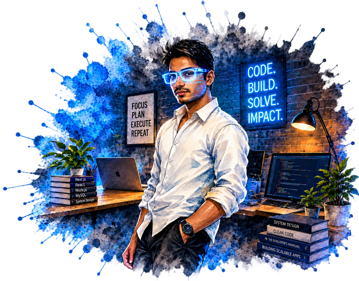 Illustrated portrait of Deepak Rajoriya at his development workspace
