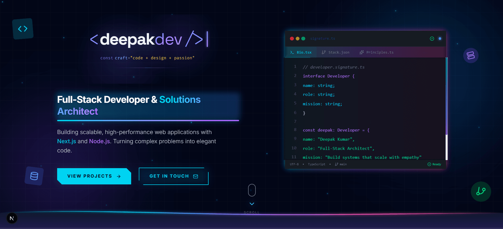Current DeepakDev portfolio homepage screenshot